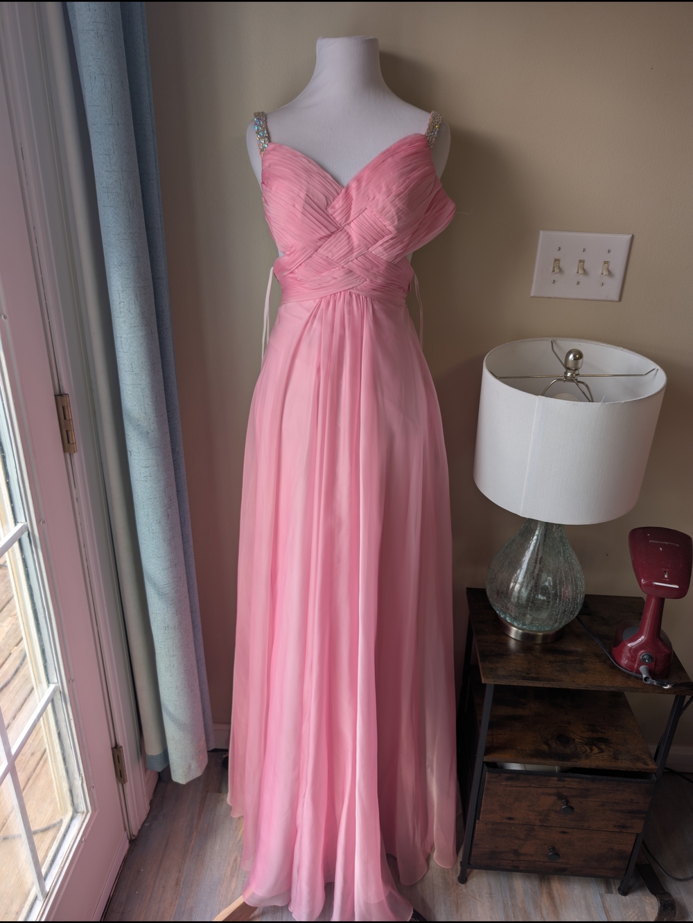 La Femme Pink Prom Dress Beaded Straps Tie Up Back